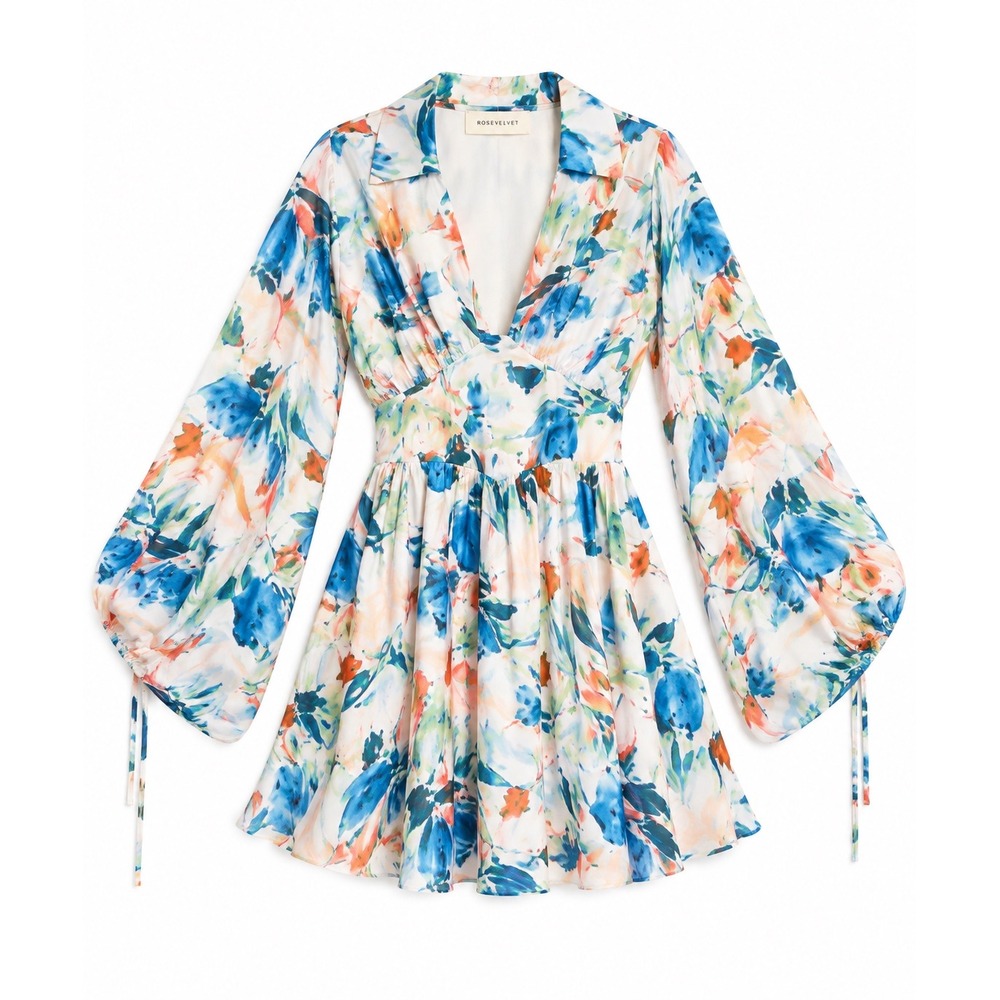 Rosevelvet Floral Watercolor Mini Dress Open Back Bishop Sleeve Blue Orange S NW